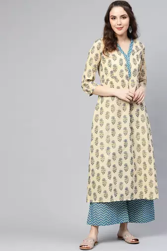 Women Beige & Blue Printed Kurta with Palazzos