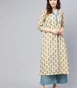 Women Beige & Blue Printed Kurta with Palazzos