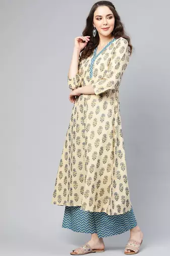 Women Beige & Blue Printed Kurta with Palazzos