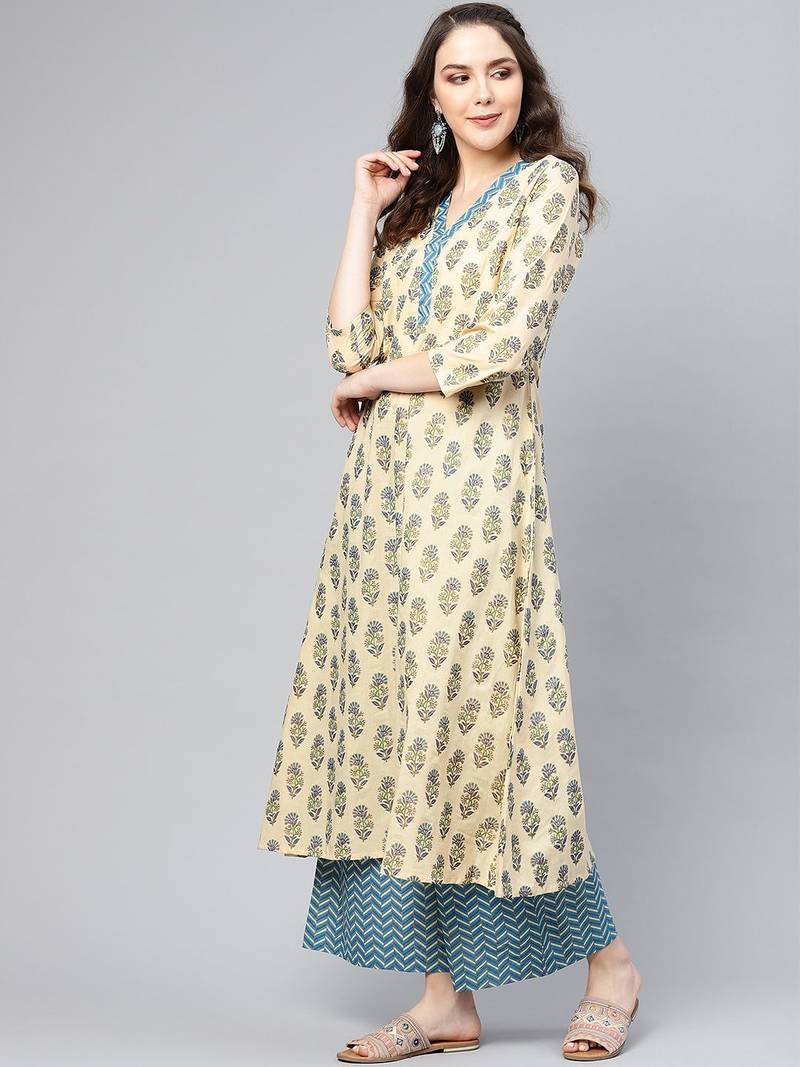 Women Beige & Blue Printed Kurta with Palazzos