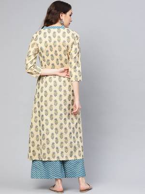 Women Beige & Blue Printed Kurta with Palazzos 5