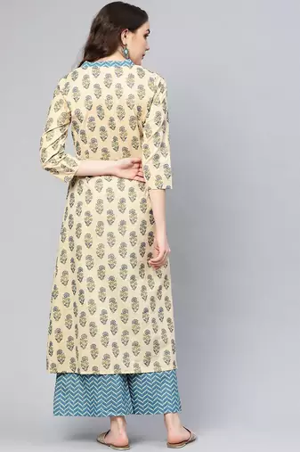 Women Beige & Blue Printed Kurta with Palazzos