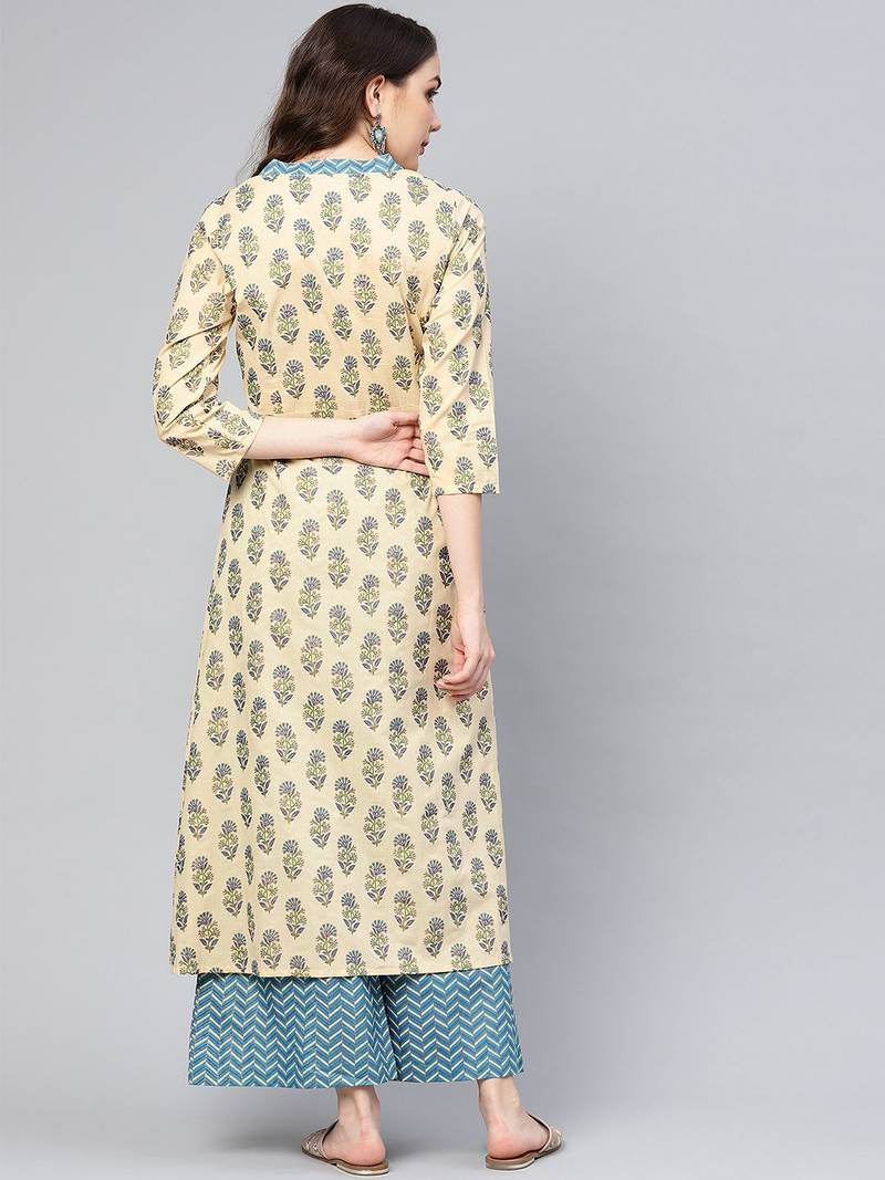 Women Beige & Blue Printed Kurta with Palazzos