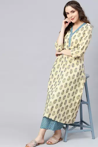 Women Beige & Blue Printed Kurta with Palazzos
