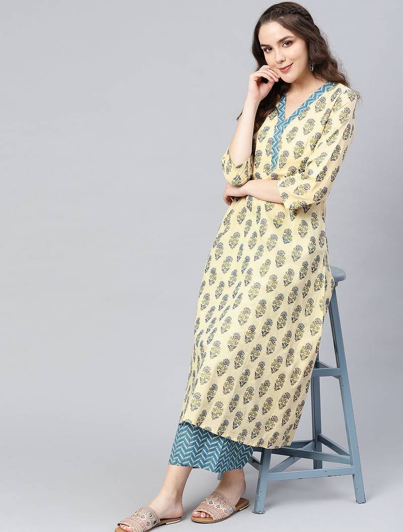 Women Beige & Blue Printed Kurta with Palazzos
