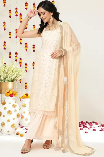 Floral Embroidered Sequinned Straight Kurta & Sharara With Dupatta