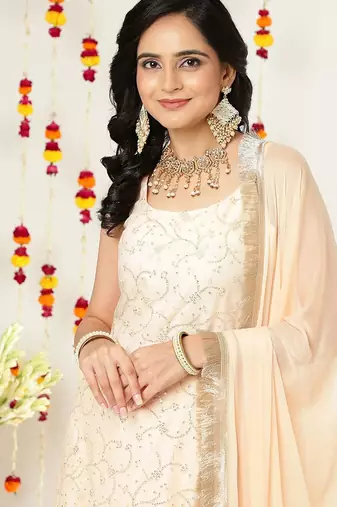 Floral Embroidered Sequinned Straight Kurta & Sharara With Dupatta