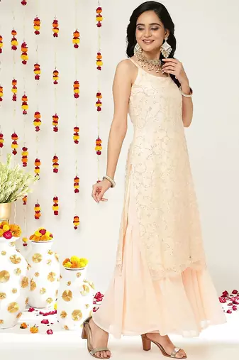Floral Embroidered Sequinned Straight Kurta & Sharara With Dupatta