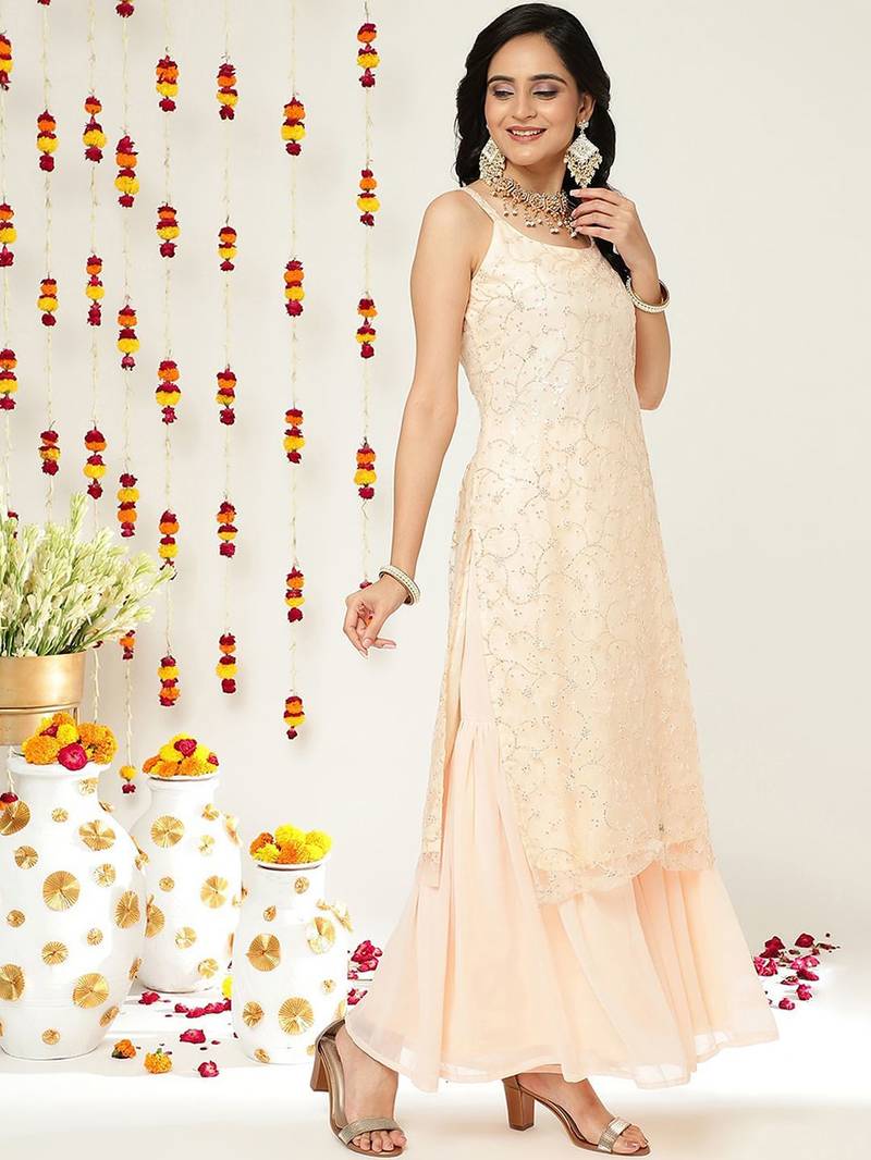 Floral Embroidered Sequinned Straight Kurta & Sharara With Dupatta