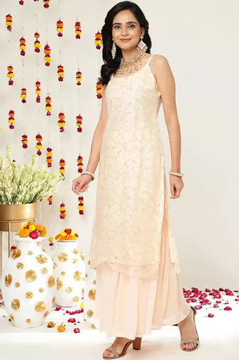 Floral Embroidered Sequinned Straight Kurta & Sharara With Dupatta