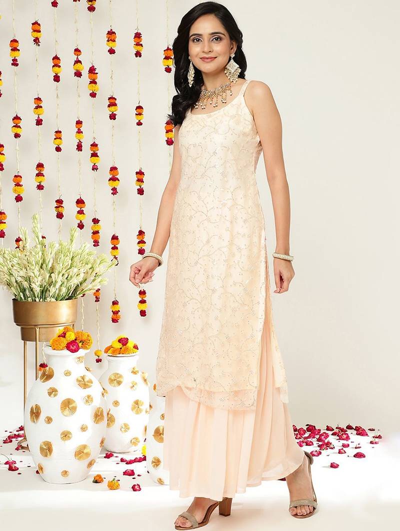 Floral Embroidered Sequinned Straight Kurta & Sharara With Dupatta