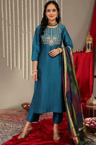 Women Teal Zari Embroidered Yoke Kurta with Trouser & dupatta