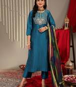 Women Teal Zari Embroidered Yoke Kurta with Trouser & dupatta