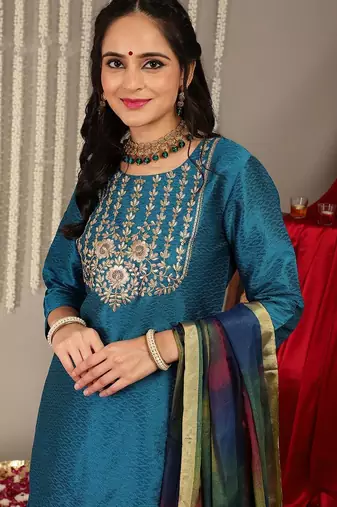 Women Teal Zari Embroidered Yoke Kurta with Trouser & dupatta
