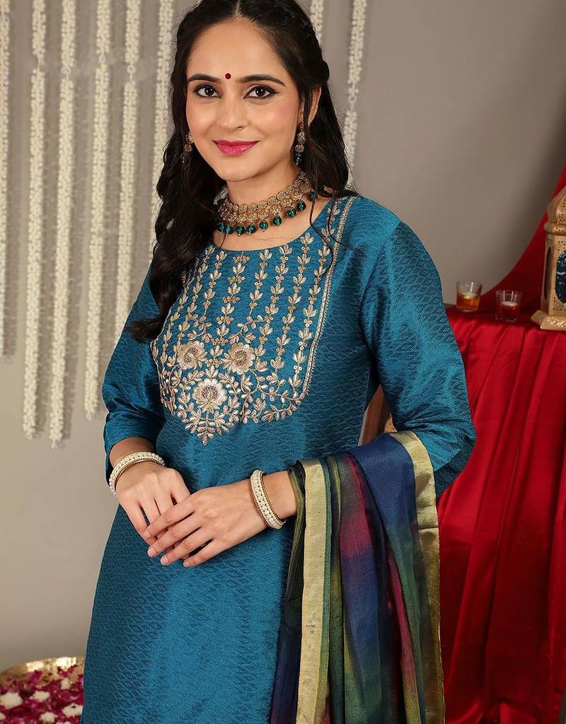 Women Teal Zari Embroidered Yoke Kurta with Trouser & dupatta
