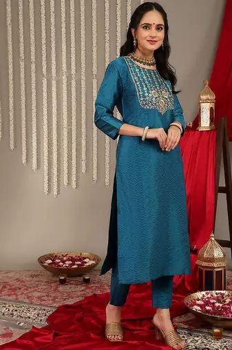 Women Teal Zari Embroidered Yoke Kurta with Trouser & dupatta