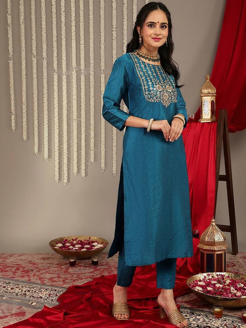 Women Teal Zari Embroidered Yoke Kurta with Trouser & dupatta