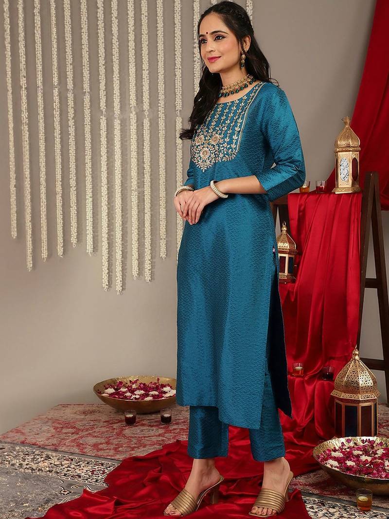 Women Teal Zari Embroidered Yoke Kurta with Trouser & dupatta