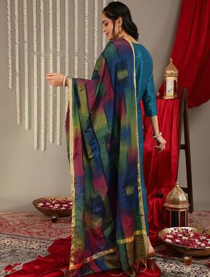Women Teal Zari Embroidered Yoke Kurta with Trouser & dupatta 6
