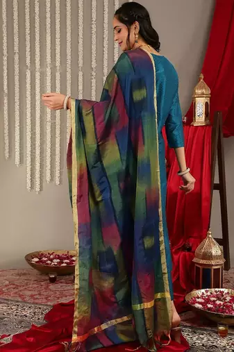 Women Teal Zari Embroidered Yoke Kurta with Trouser & dupatta