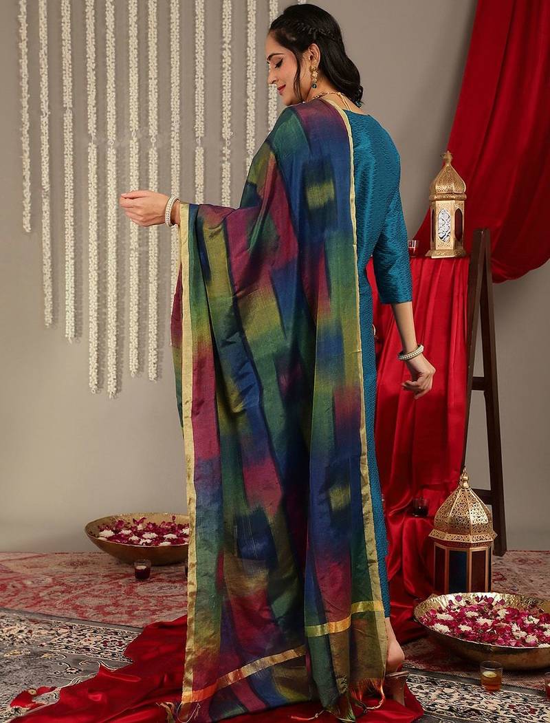 Women Teal Zari Embroidered Yoke Kurta with Trouser & dupatta