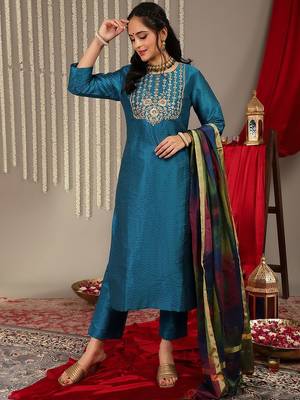 Women Teal Zari Embroidered Yoke Kurta with Trouser & dupatta 7