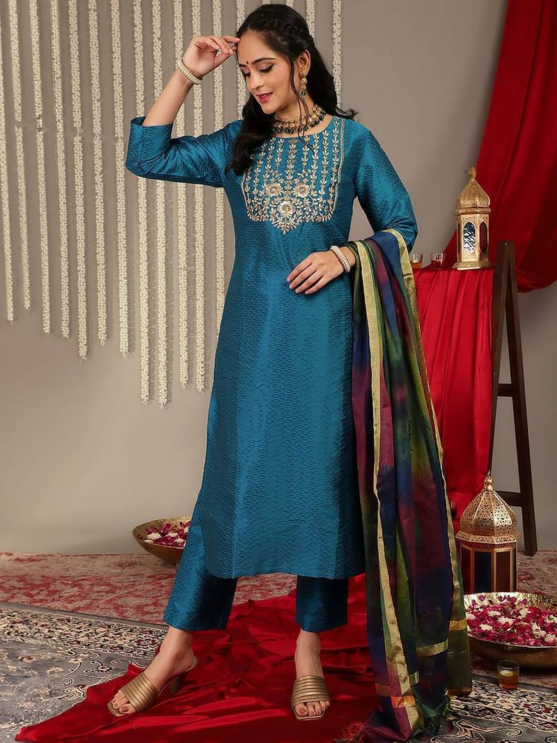 Women Teal Zari Embroidered Yoke Kurta with Trouser & dupatta