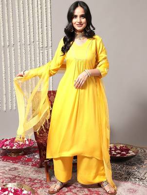 V-Neck A-Line Pleated Kurta with Palazzos & With Dupatta 1