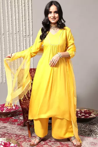 V-Neck A-Line Pleated Kurta with Palazzos & With Dupatta