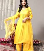 V-Neck A-Line Pleated Kurta with Palazzos & With Dupatta