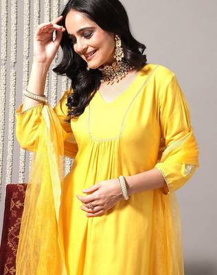 V-Neck A-Line Pleated Kurta with Palazzos & With Dupatta 2