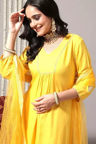 V-Neck A-Line Pleated Kurta with Palazzos & With Dupatta