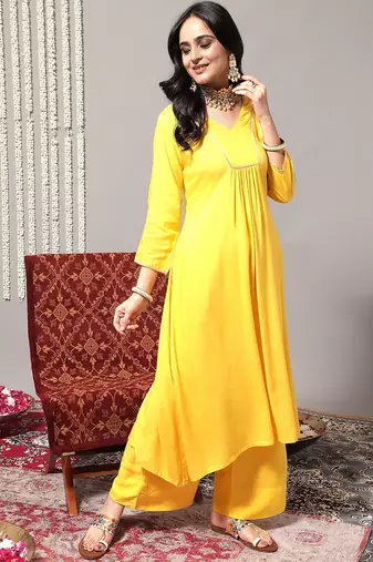 V-Neck A-Line Pleated Kurta with Palazzos & With Dupatta