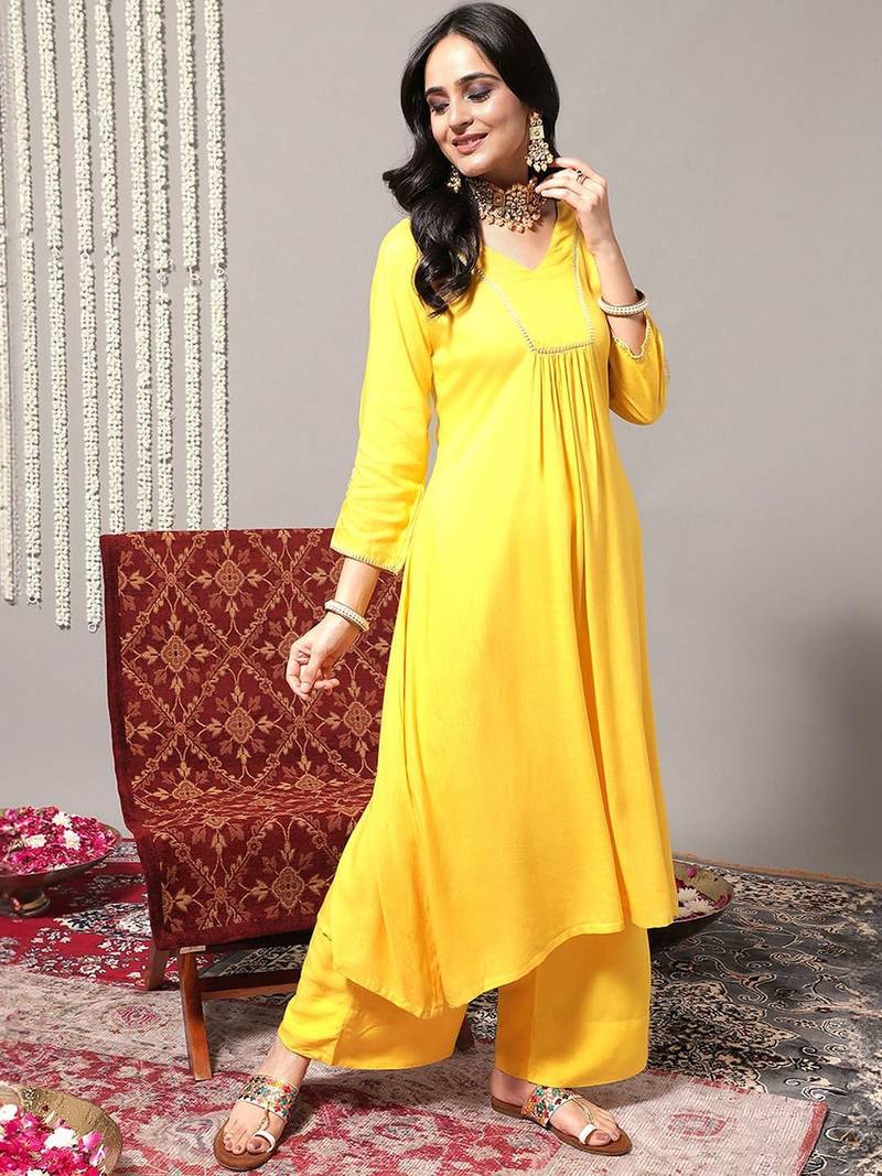 V-Neck A-Line Pleated Kurta with Palazzos & With Dupatta