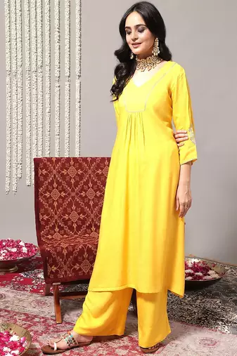 V-Neck A-Line Pleated Kurta with Palazzos & With Dupatta