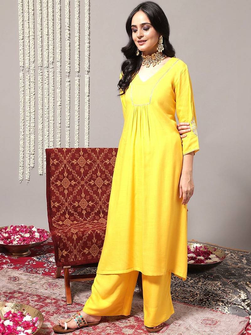 V-Neck A-Line Pleated Kurta with Palazzos & With Dupatta