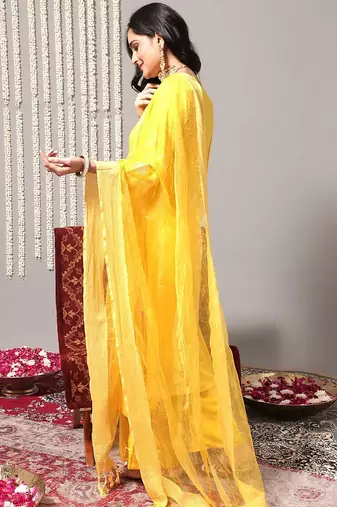 V-Neck A-Line Pleated Kurta with Palazzos & With Dupatta