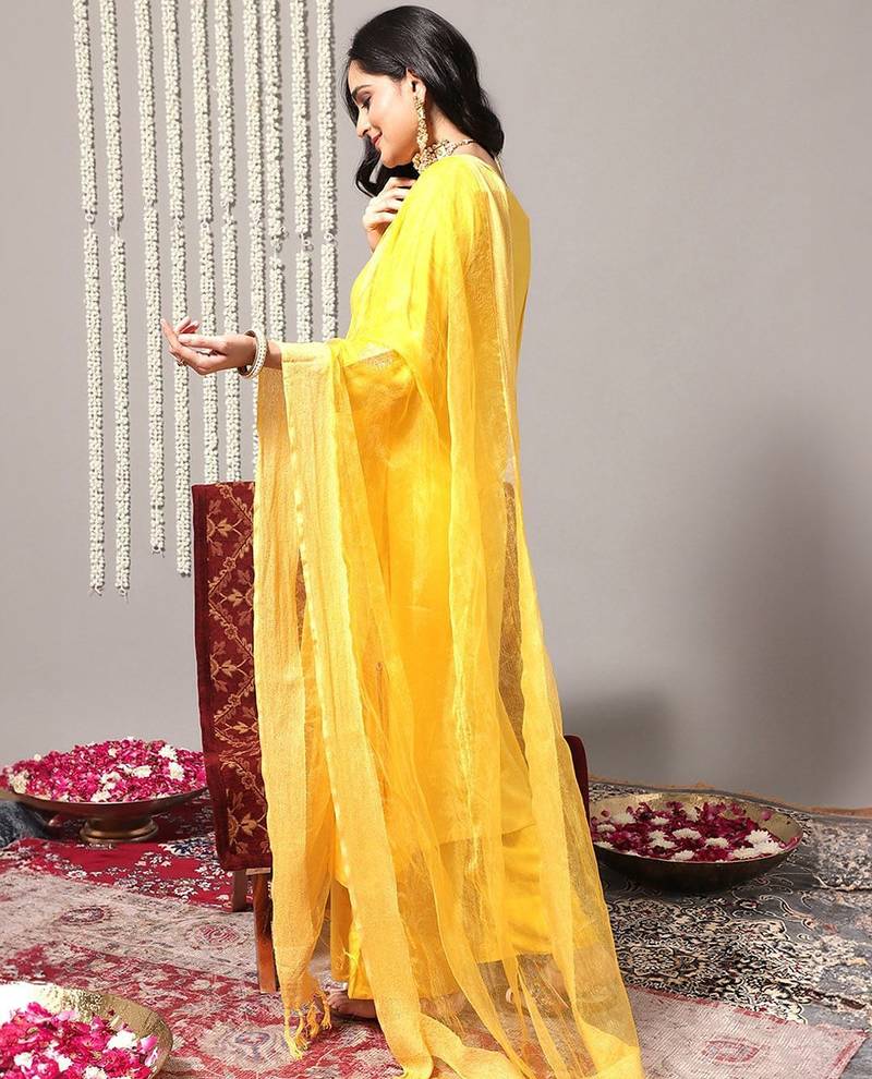 V-Neck A-Line Pleated Kurta with Palazzos & With Dupatta