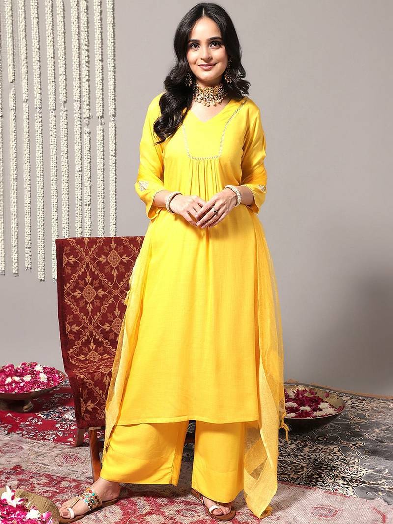 V-Neck A-Line Pleated Kurta with Palazzos & With Dupatta