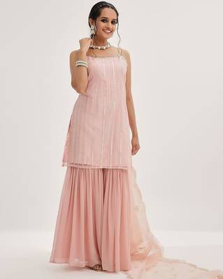 Peach Striped Shoulder Straps Embroidered Empire Kurta with Sharara & With Dupatta 1