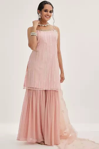 Peach Striped Shoulder Straps Embroidered Empire Kurta with Sharara & With Dupatta