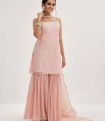 Peach Striped Shoulder Straps Embroidered Empire Kurta with Sharara & With Dupatta