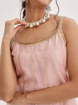 Peach Striped Shoulder Straps Embroidered Empire Kurta with Sharara & With Dupatta 2