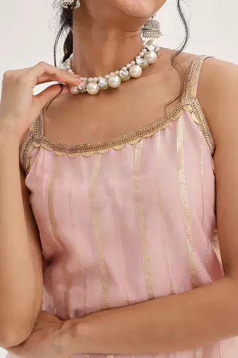 Peach Striped Shoulder Straps Embroidered Empire Kurta with Sharara & With Dupatta