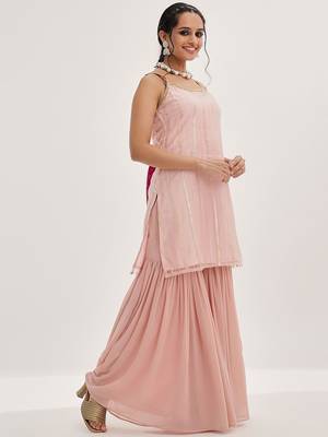 Peach Striped Shoulder Straps Embroidered Empire Kurta with Sharara & With Dupatta 5