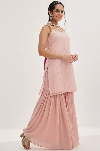 Peach Striped Shoulder Straps Embroidered Empire Kurta with Sharara & With Dupatta