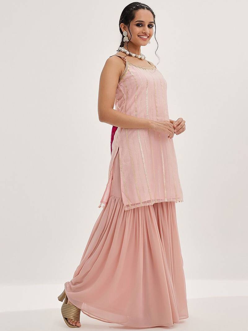 Peach Striped Shoulder Straps Embroidered Empire Kurta with Sharara & With Dupatta