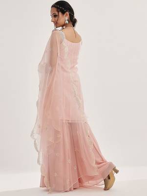Peach Striped Shoulder Straps Embroidered Empire Kurta with Sharara & With Dupatta 6