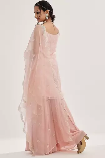 Peach Striped Shoulder Straps Embroidered Empire Kurta with Sharara & With Dupatta