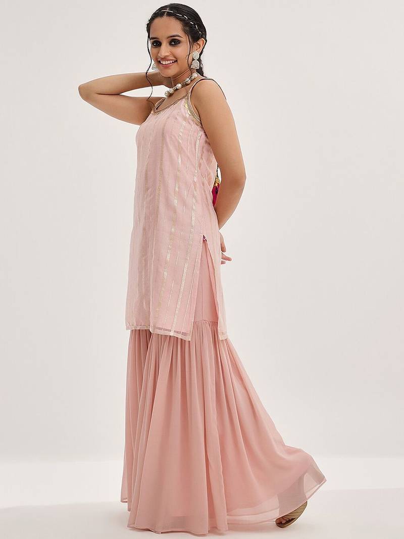 Peach Striped Shoulder Straps Embroidered Empire Kurta with Sharara & With Dupatta